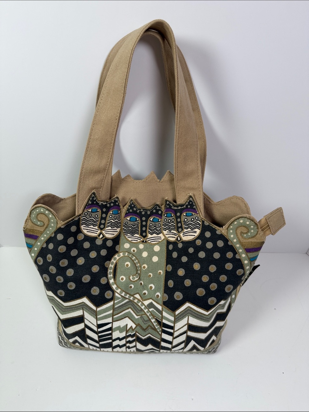 Like New Laurel Burch Whimsical Cat PURSE TOTE Y2K Earth Tones Fantastic Felines